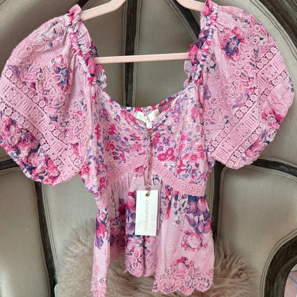 NWT LoveShackFancy Prezia Embroidered Peplum Blouse Tunic Top XS Berry Fizz